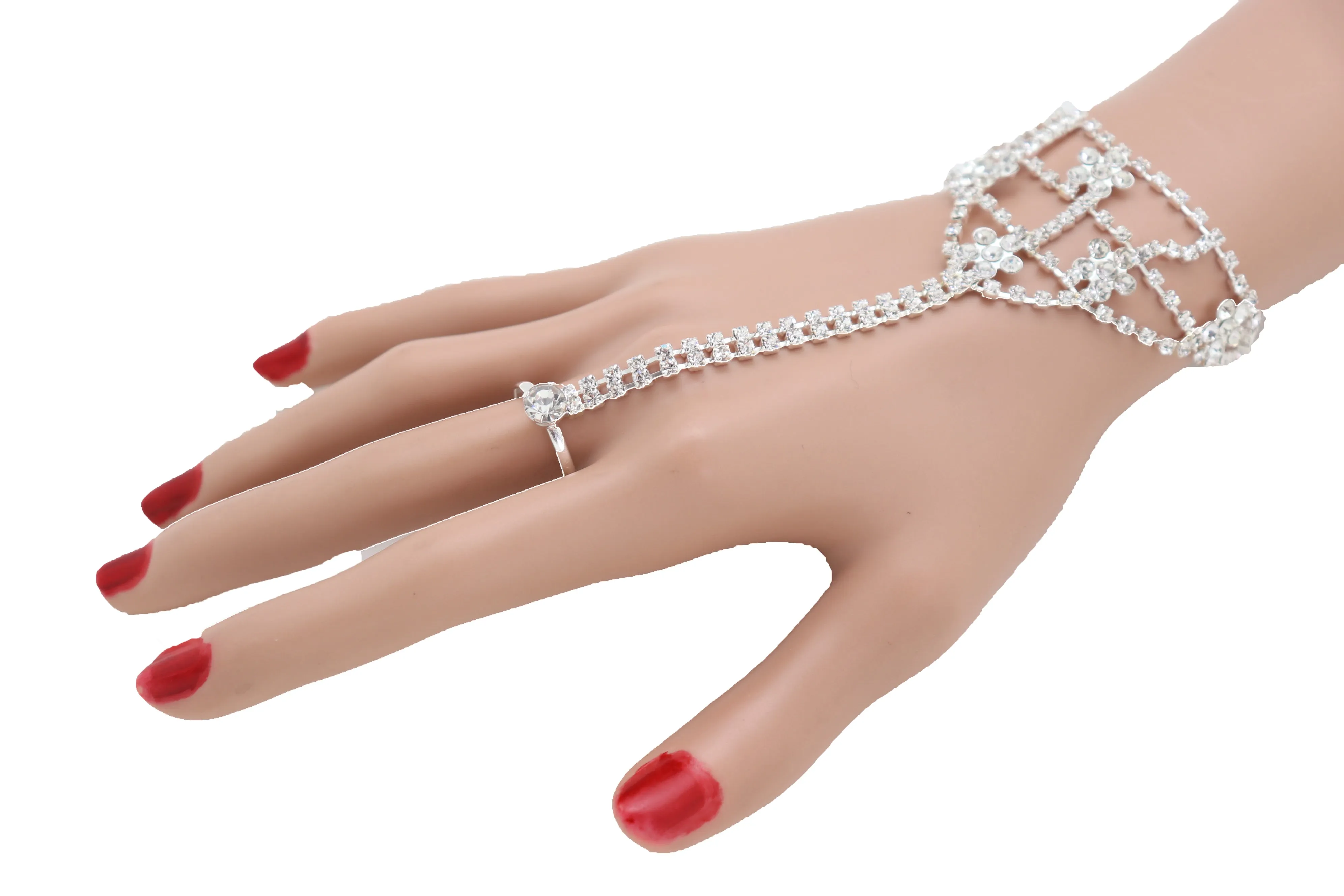 Silver Metal Hand Chain Bracelet Bling Flower Bead Charms Connected Ring
