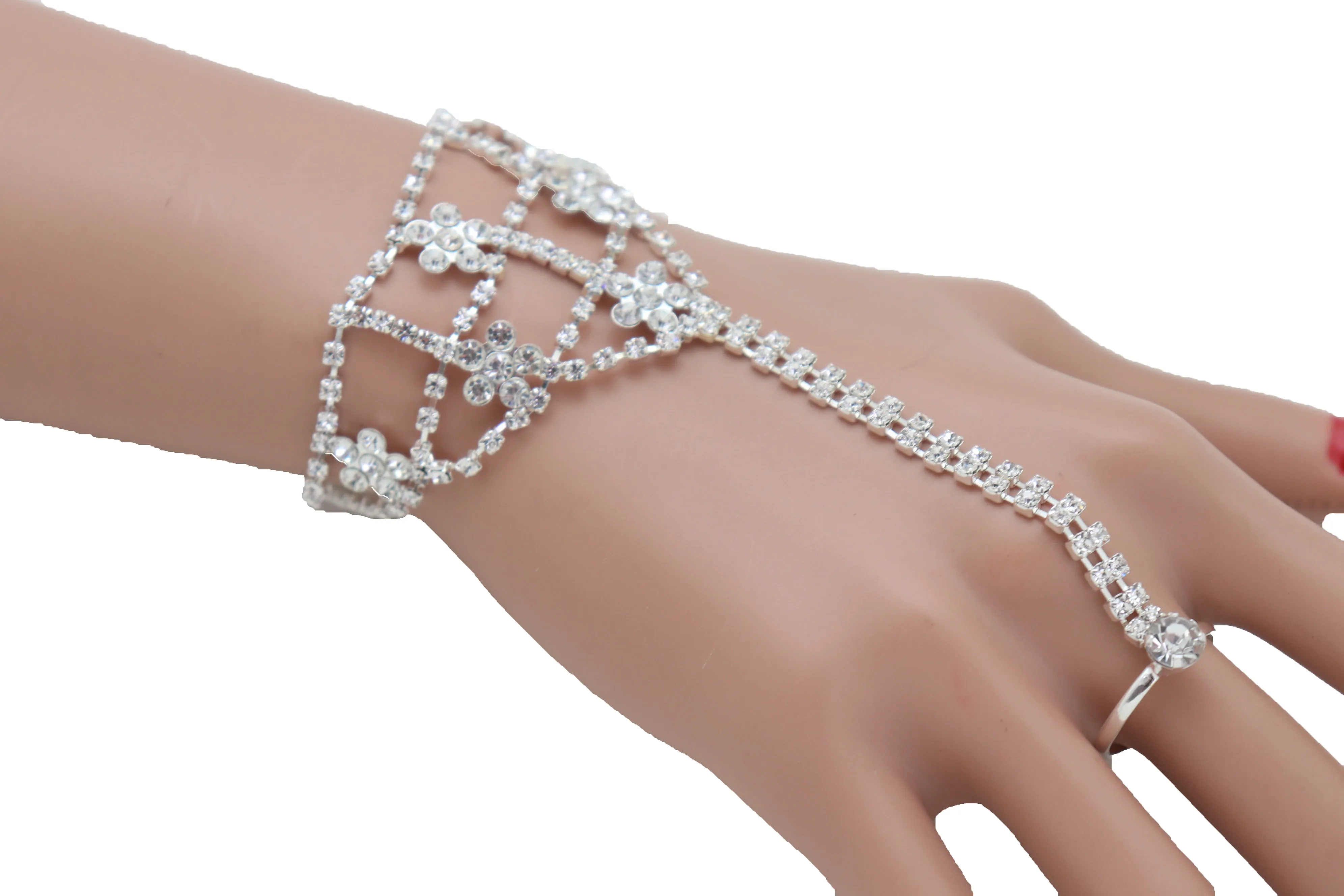 Silver Metal Hand Chain Bracelet Bling Flower Bead Charms Connected Ring