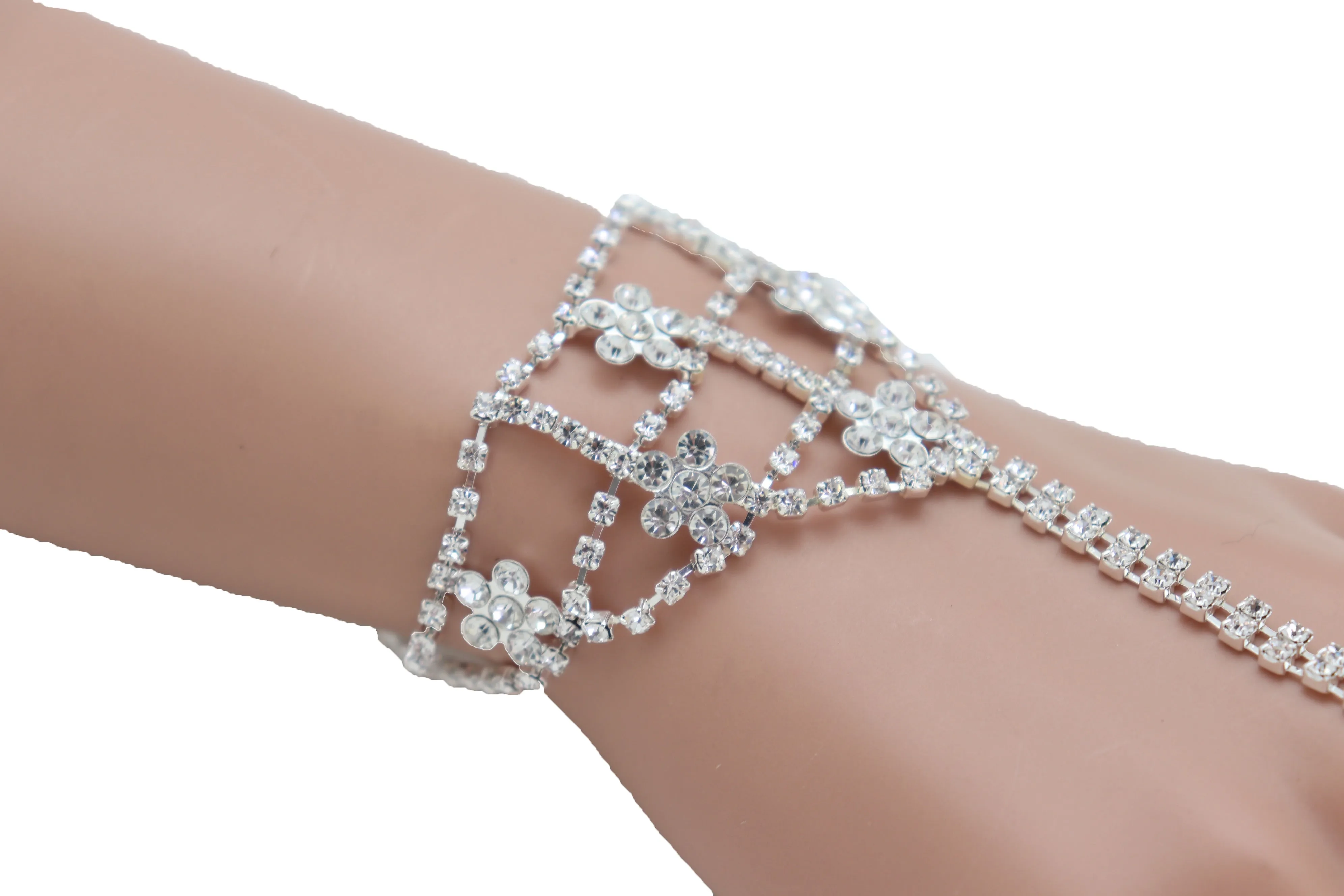 Silver Metal Hand Chain Bracelet Bling Flower Bead Charms Connected Ring