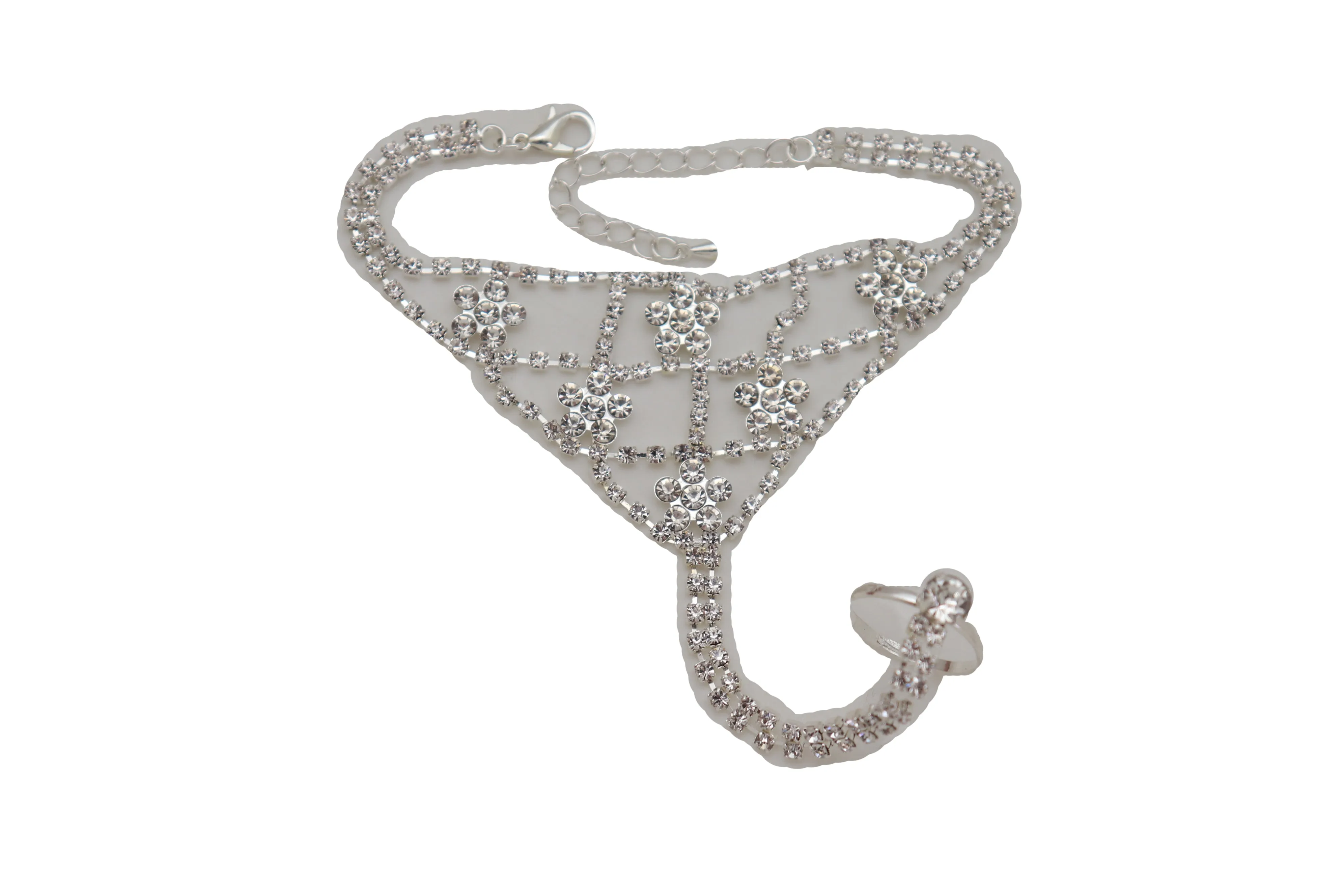 Silver Metal Hand Chain Bracelet Bling Flower Bead Charms Connected Ring
