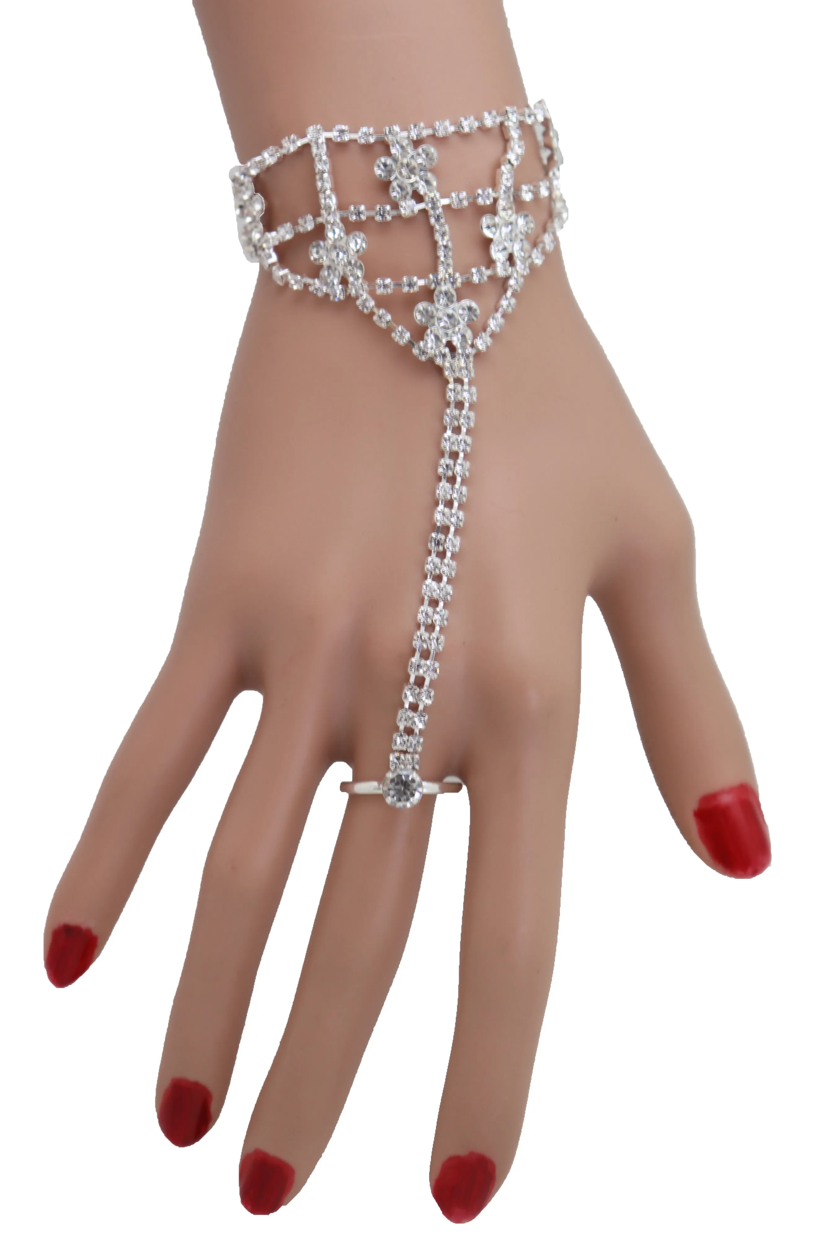 Silver Metal Hand Chain Bracelet Bling Flower Bead Charms Connected Ring