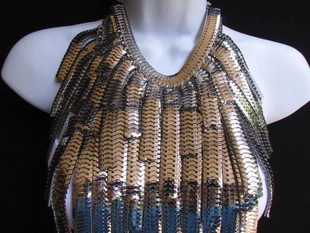 Silver Metal Links Wide Chains Multi Strand Dressy Casual 20" Necklace