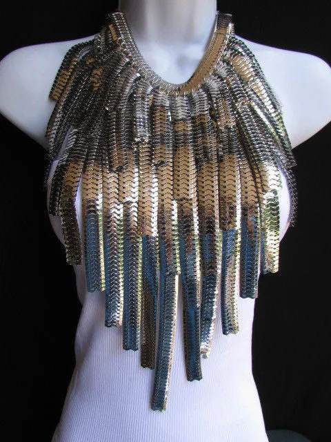 Silver Metal Links Wide Chains Multi Strand Dressy Casual 20" Necklace