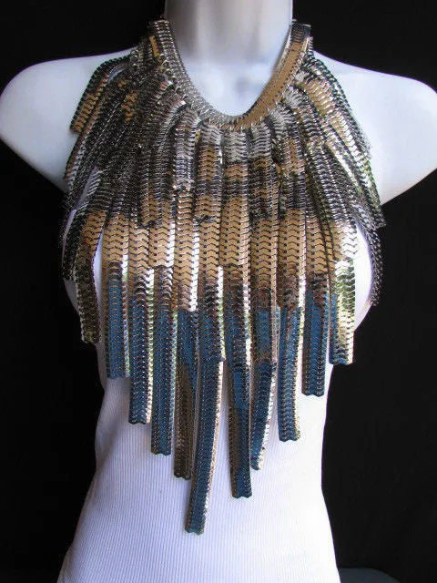 Silver Metal Links Wide Chains Multi Strand Dressy Casual 20" Necklace