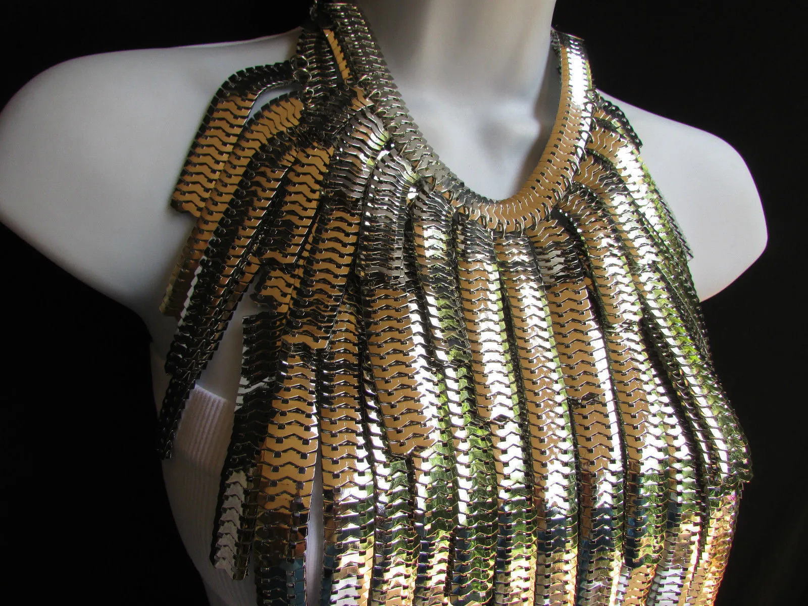 Silver Metal Links Wide Chains Multi Strand Dressy Casual 20" Necklace