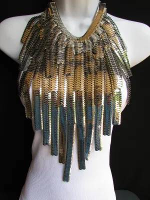 Silver Metal Links Wide Chains Multi Strand Dressy Casual 20" Necklace