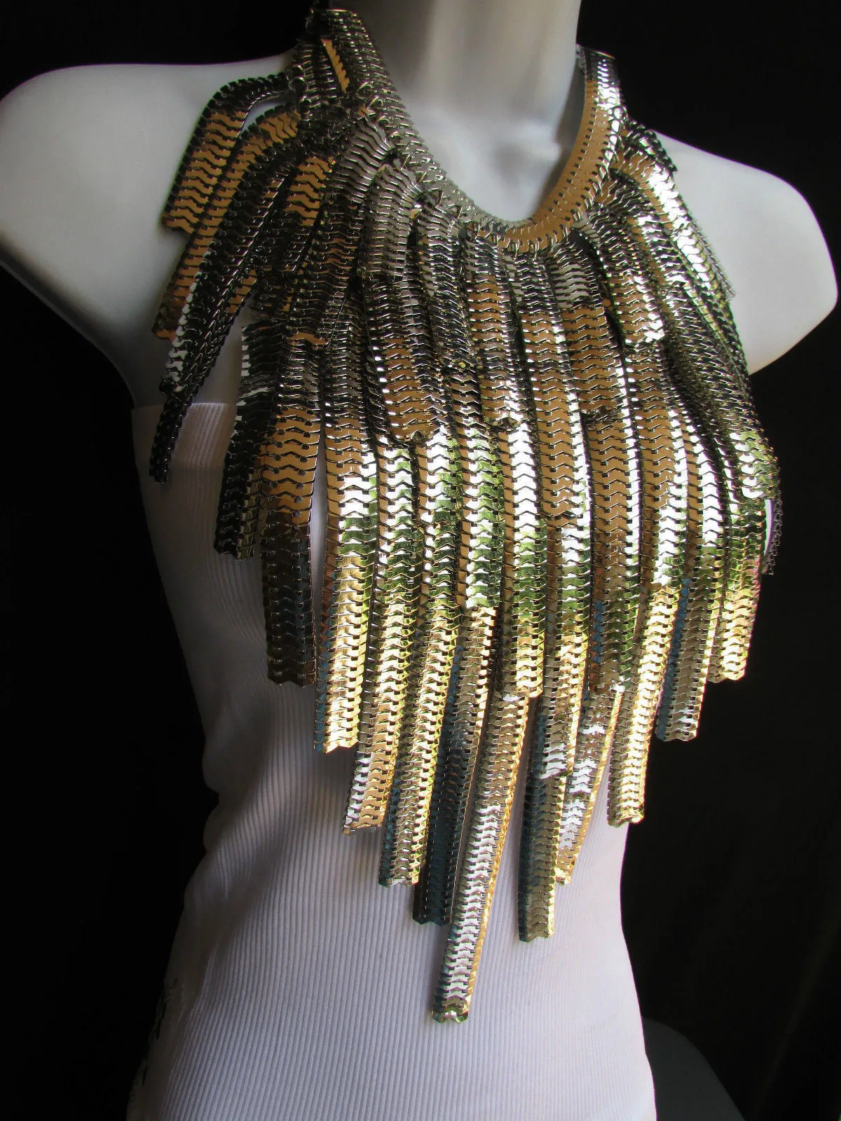 Silver Metal Links Wide Chains Multi Strand Dressy Casual 20" Necklace