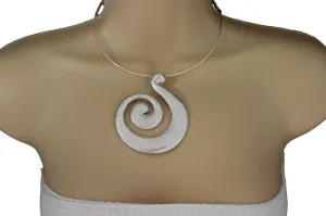 Silver Pewter Black Choker Thin Metal Snail Spin Swirl Charm Necklace Earrings Set