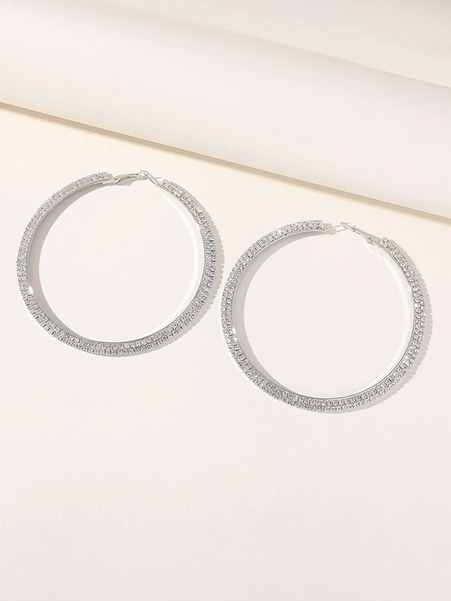 Silver Rhinestones Simple Big Hoop Earrings