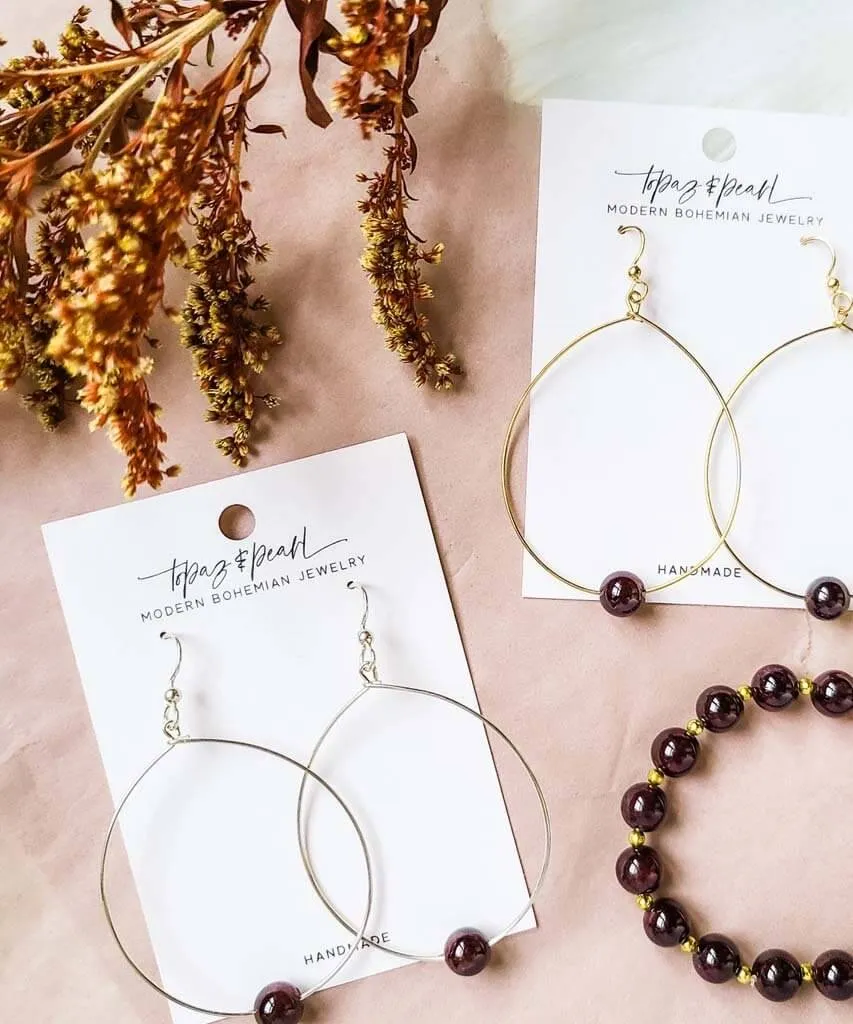 Simple Beaded Silver Modern Hoop Garnet