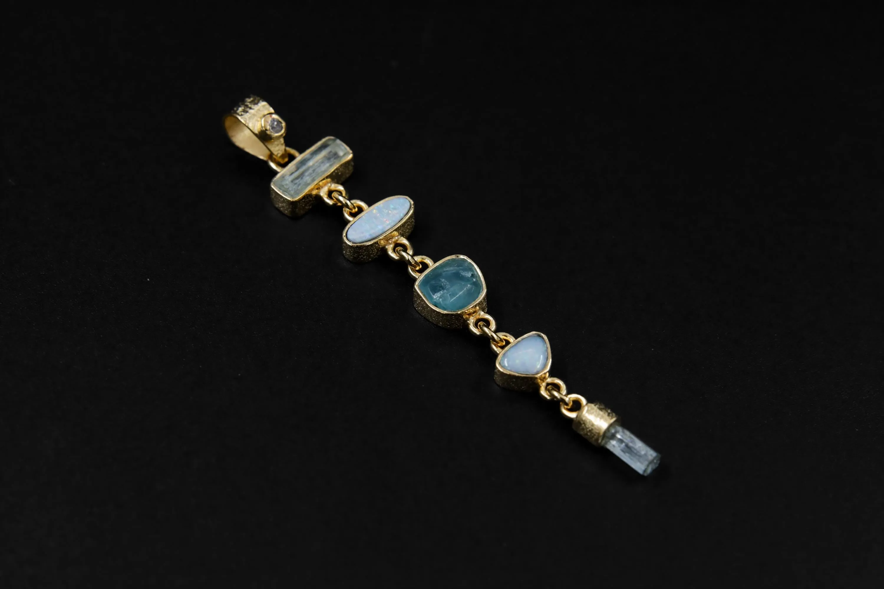Small Round Zircon, Aquamarine and Australian Opal Doublet Pendant, 18k Gold-Plated Sterling Silver, Crown & Throat Chakra, Unique Gift