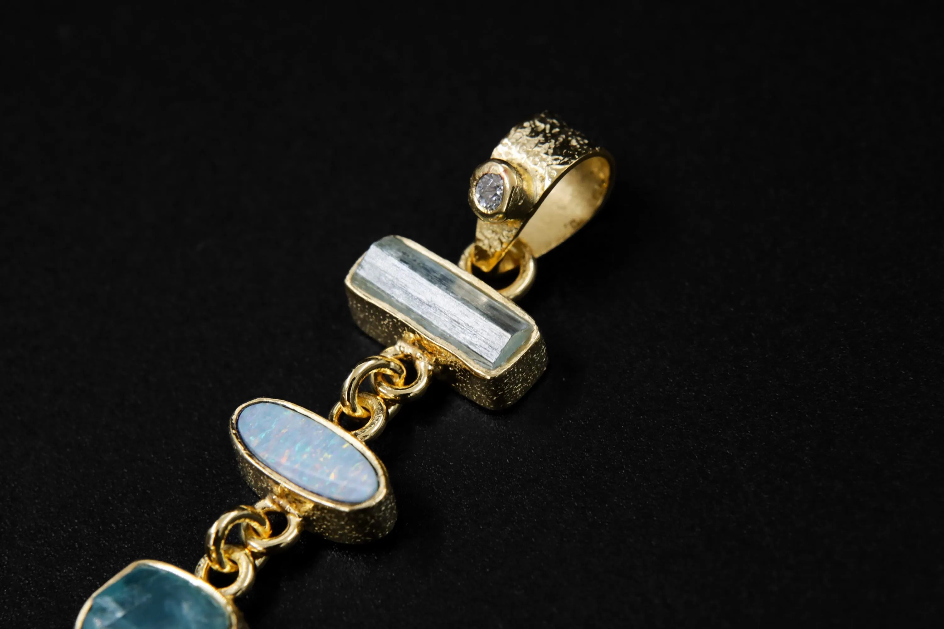 Small Round Zircon, Aquamarine and Australian Opal Doublet Pendant, 18k Gold-Plated Sterling Silver, Crown & Throat Chakra, Unique Gift