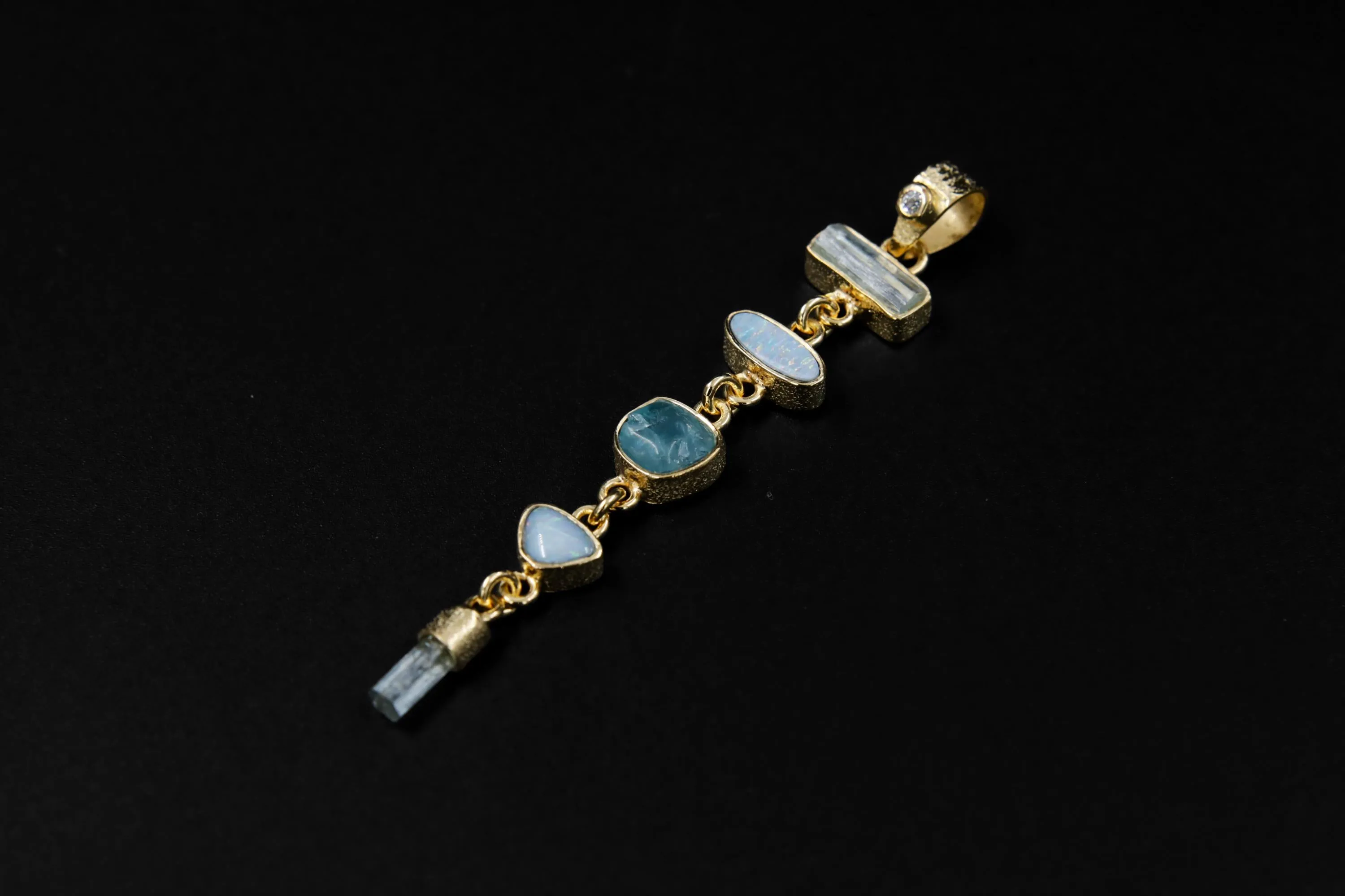 Small Round Zircon, Aquamarine and Australian Opal Doublet Pendant, 18k Gold-Plated Sterling Silver, Crown & Throat Chakra, Unique Gift