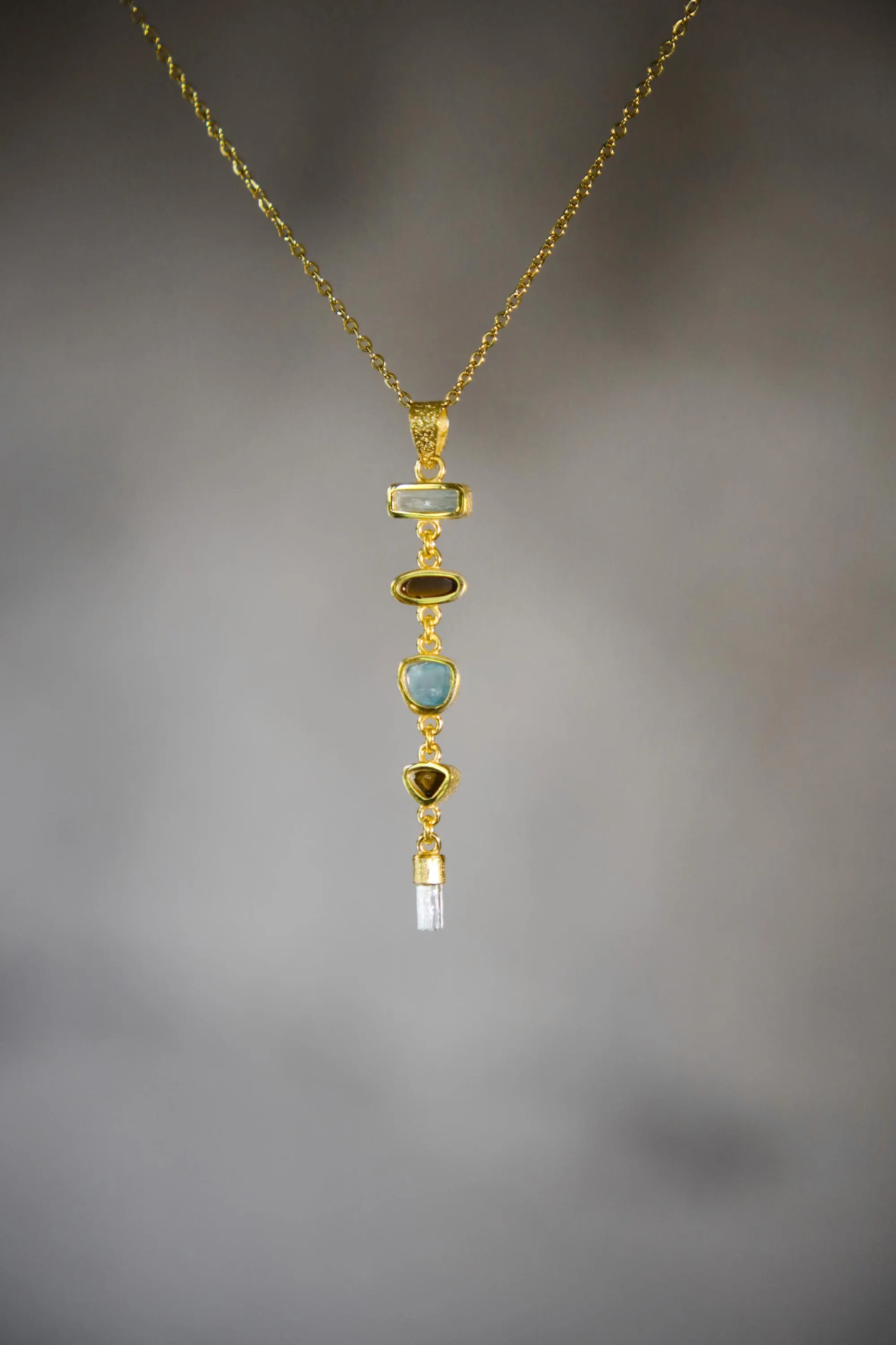 Small Round Zircon, Aquamarine and Australian Opal Doublet Pendant, 18k Gold-Plated Sterling Silver, Crown & Throat Chakra, Unique Gift