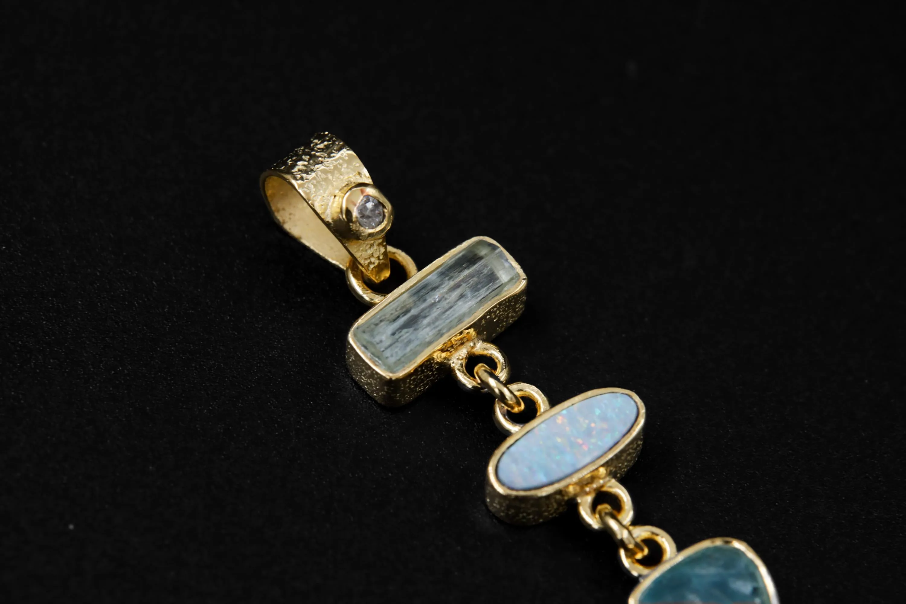 Small Round Zircon, Aquamarine and Australian Opal Doublet Pendant, 18k Gold-Plated Sterling Silver, Crown & Throat Chakra, Unique Gift