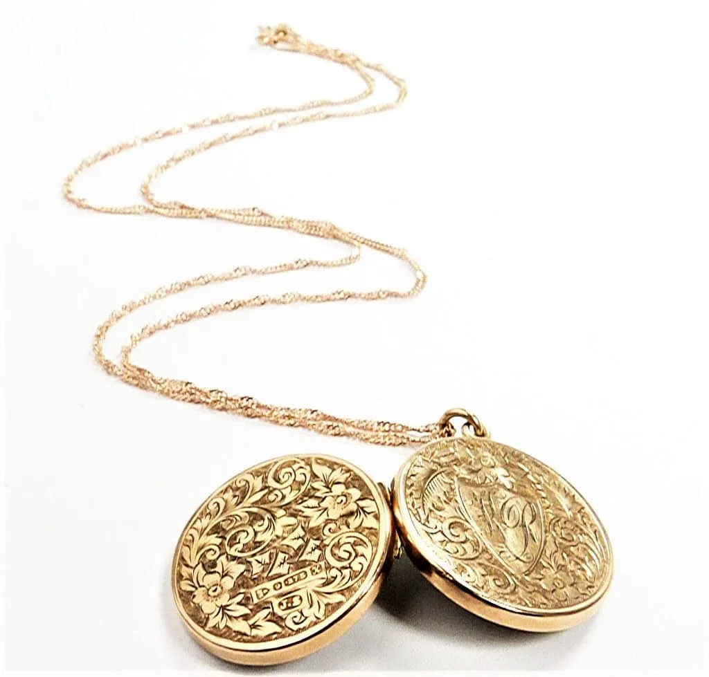 Solid Gold Antique Edwardian Locket 1908 Initials K R / H R With Elegant Necklace