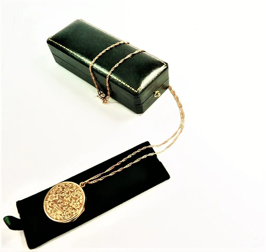 Solid Gold Antique Edwardian Locket 1908 Initials K R / H R With Elegant Necklace