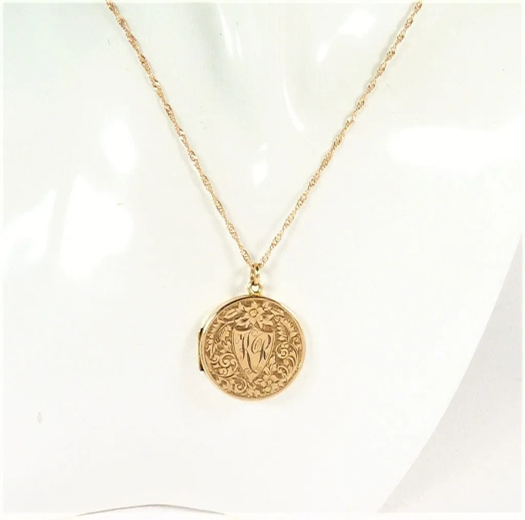 Solid Gold Antique Edwardian Locket 1908 Initials K R / H R With Elegant Necklace