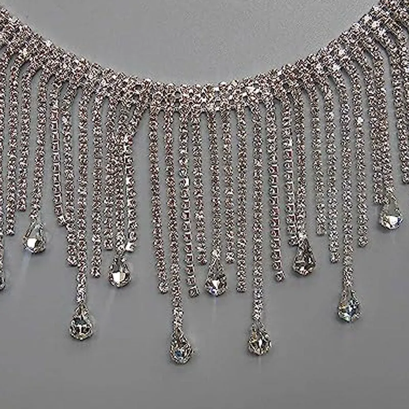 Sparkly Rhinestone Embellished Waterfall Fringe Choker Necklace - Silver