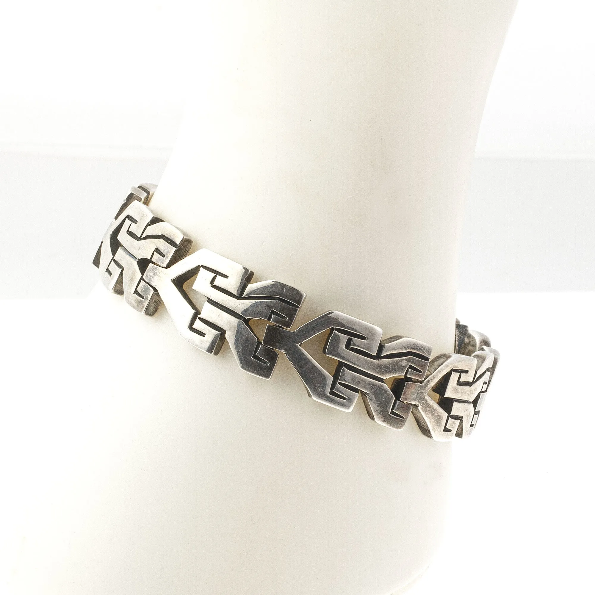 Sterling Silver Geometric Link Bracelet. 1950s Taxco, Mexico. Signed. brvs991js