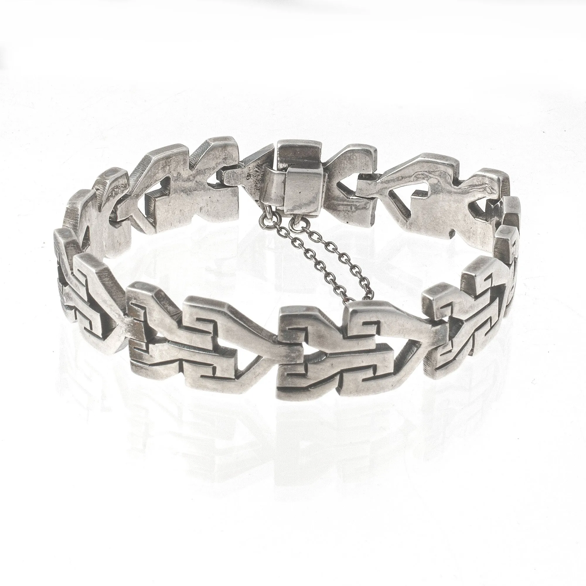 Sterling Silver Geometric Link Bracelet. 1950s Taxco, Mexico. Signed. brvs991js