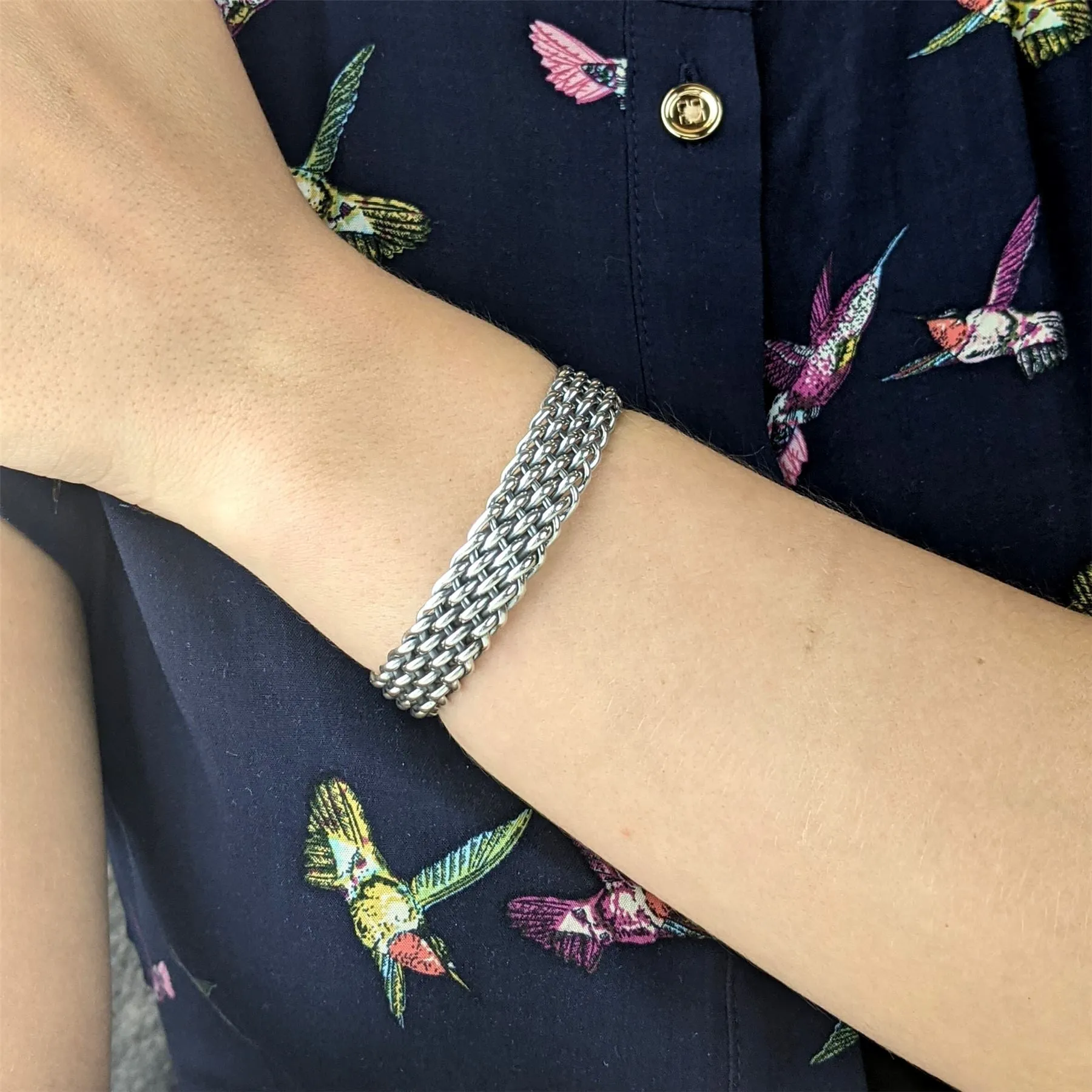 Sterling Silver Woven Braided Chunky Wide Cuff Bangle - Chainmail Style