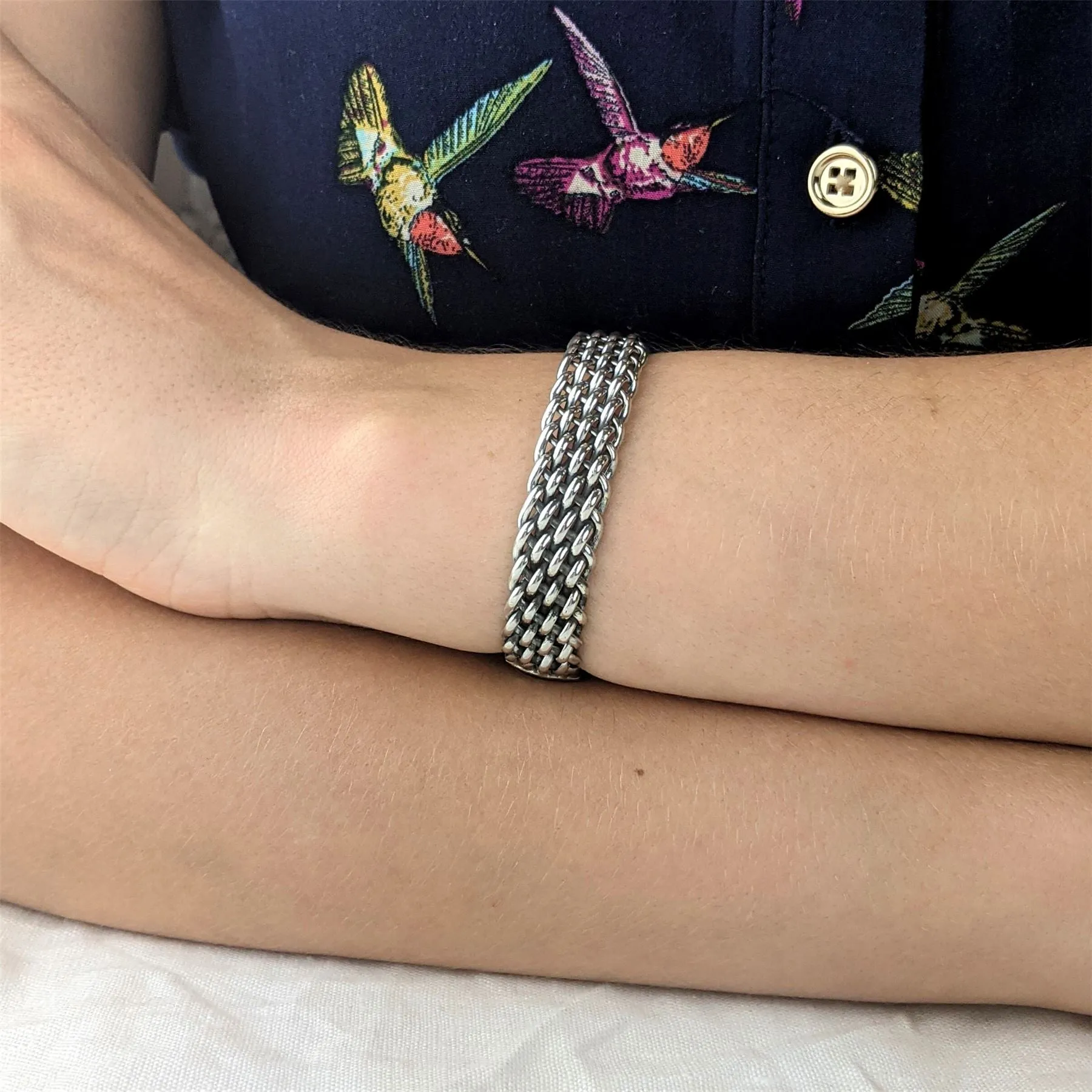 Sterling Silver Woven Braided Chunky Wide Cuff Bangle - Chainmail Style