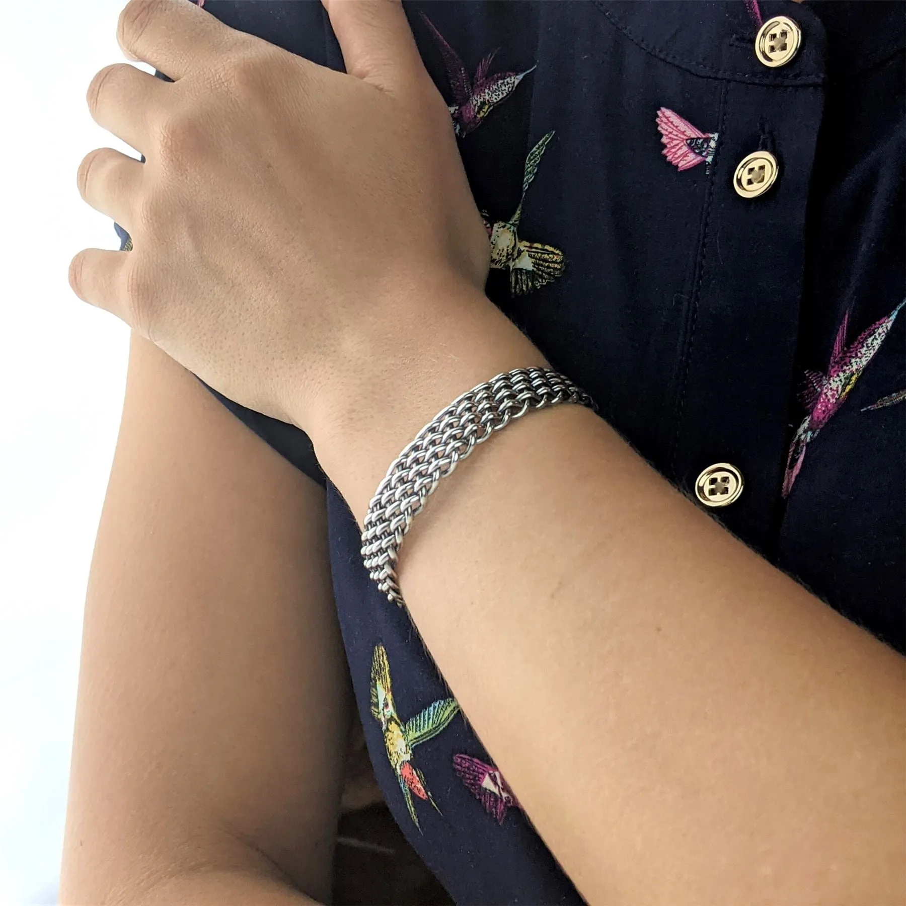 Sterling Silver Woven Braided Chunky Wide Cuff Bangle - Chainmail Style