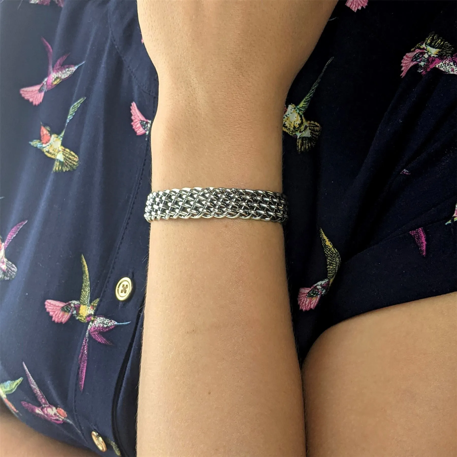 Sterling Silver Woven Braided Chunky Wide Cuff Bangle - Chainmail Style