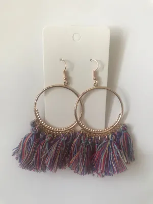 Tassel Fabric Bohemian Hoop Earrings Red White Blue