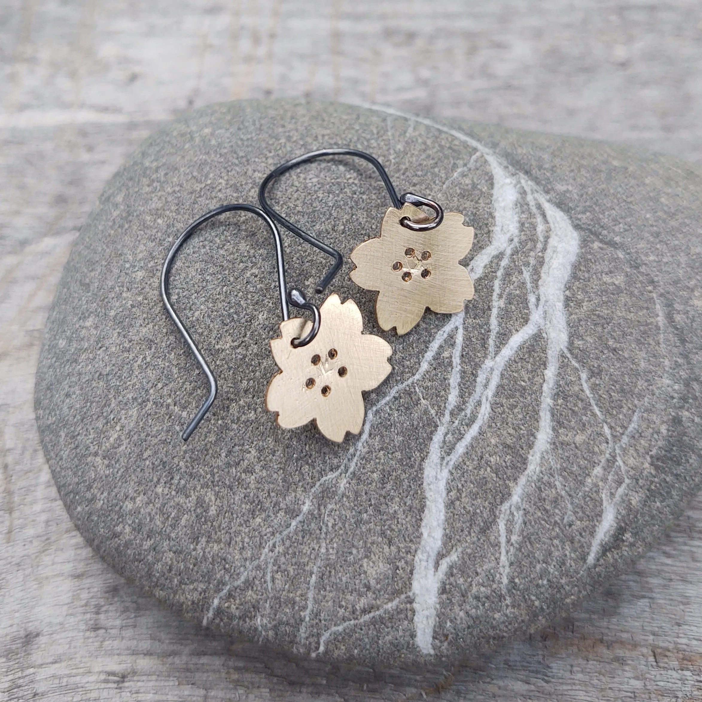Tiny Flat Golden Cherry Blossom Dangle Earring--Brushed Gold Filled Metal on Oxidized Silver Earwires