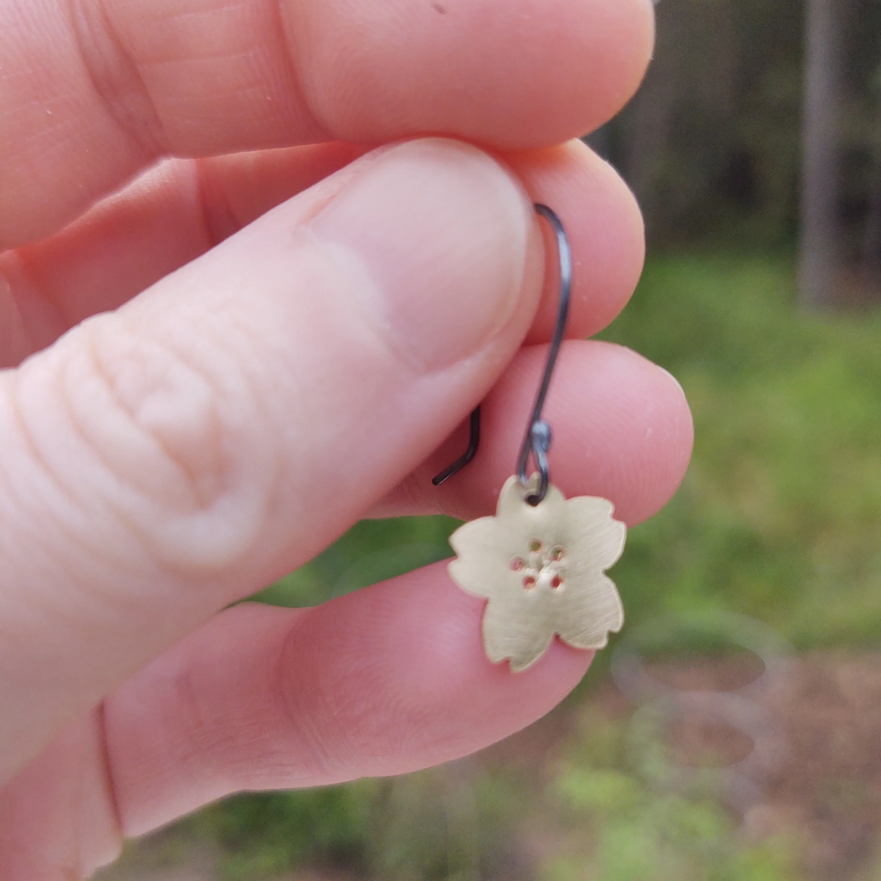 Tiny Flat Golden Cherry Blossom Dangle Earring--Brushed Gold Filled Metal on Oxidized Silver Earwires