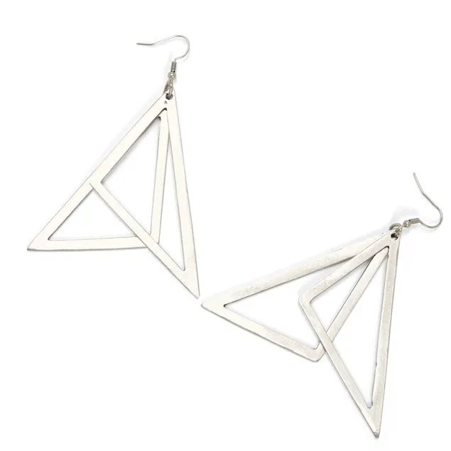 Triangular Shaped Layered Drop Style Earrings, Pewter with Silver Plating