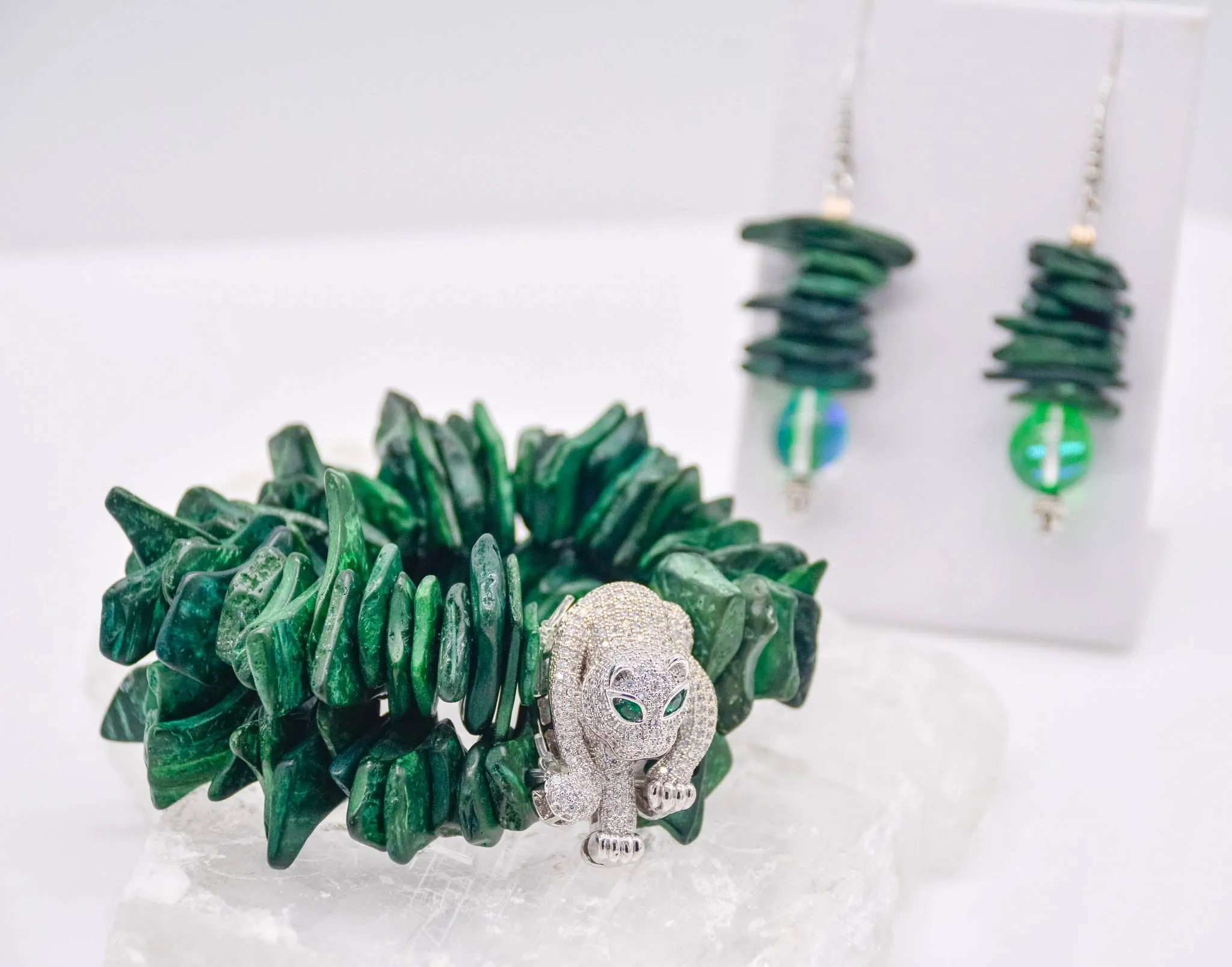 Tropical Green Coconut Chip Panther Stretch Bracelet