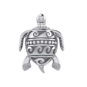 Turtle with Wave Design on The Shell Silver Locket Pendant and Pin in One