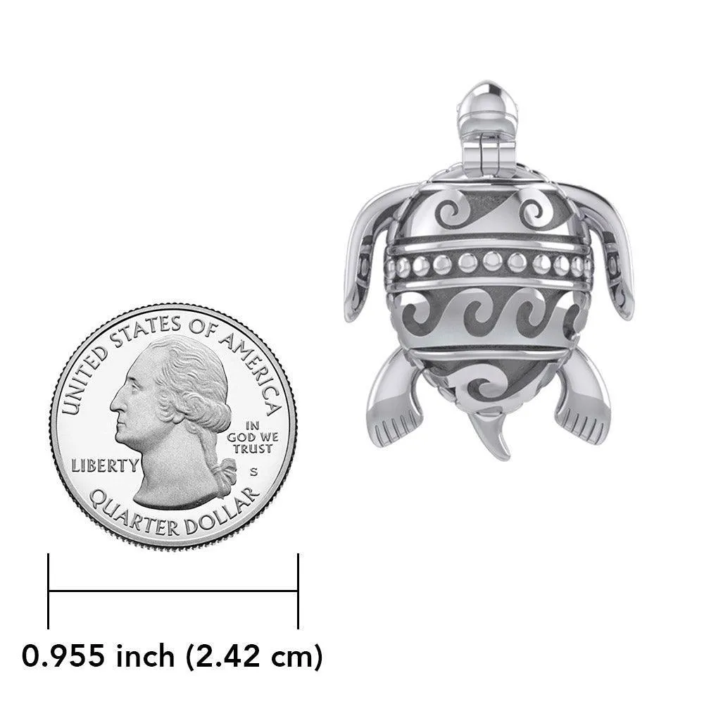 Turtle with Wave Design on The Shell Silver Locket Pendant and Pin in One