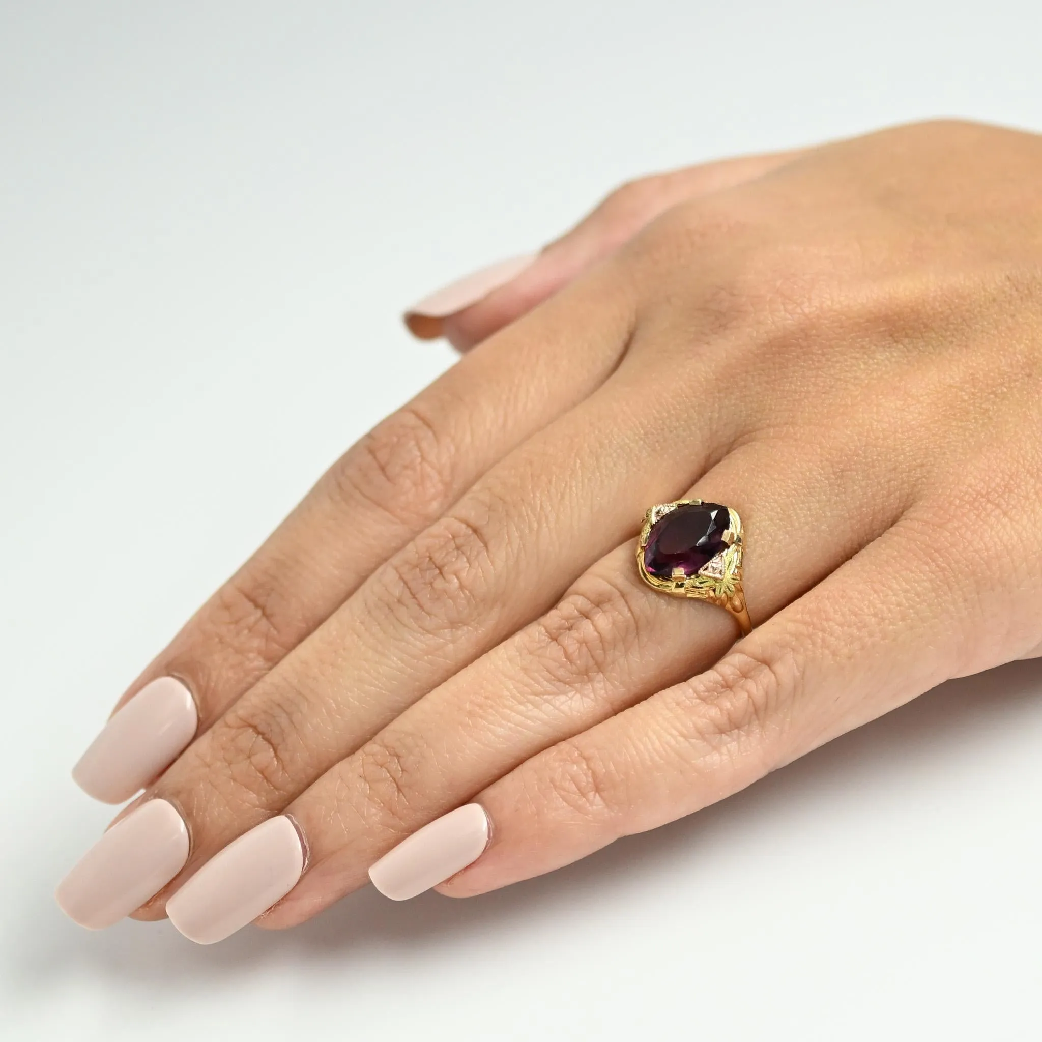 Vintage 10k Glass Ring With Rose and Yellow Gold Accents