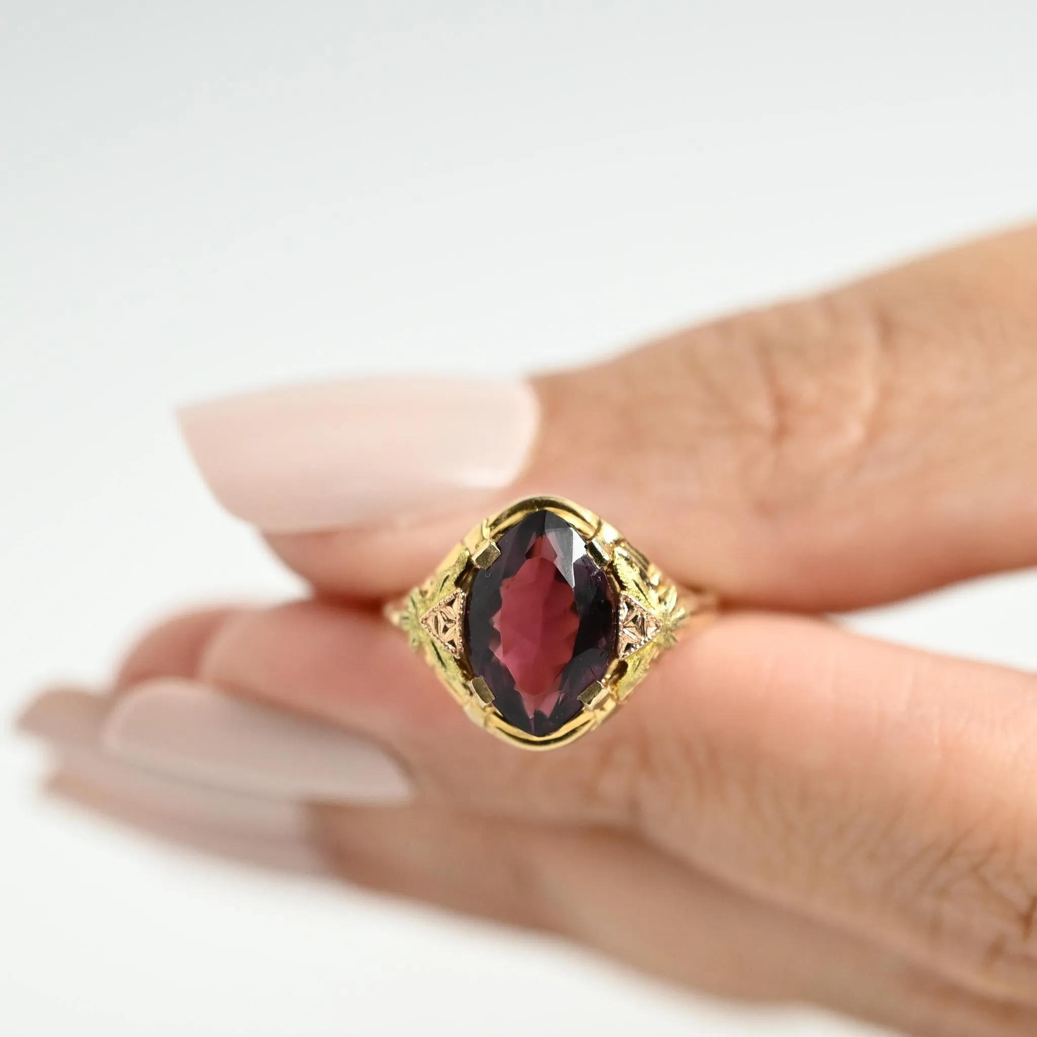 Vintage 10k Glass Ring With Rose and Yellow Gold Accents