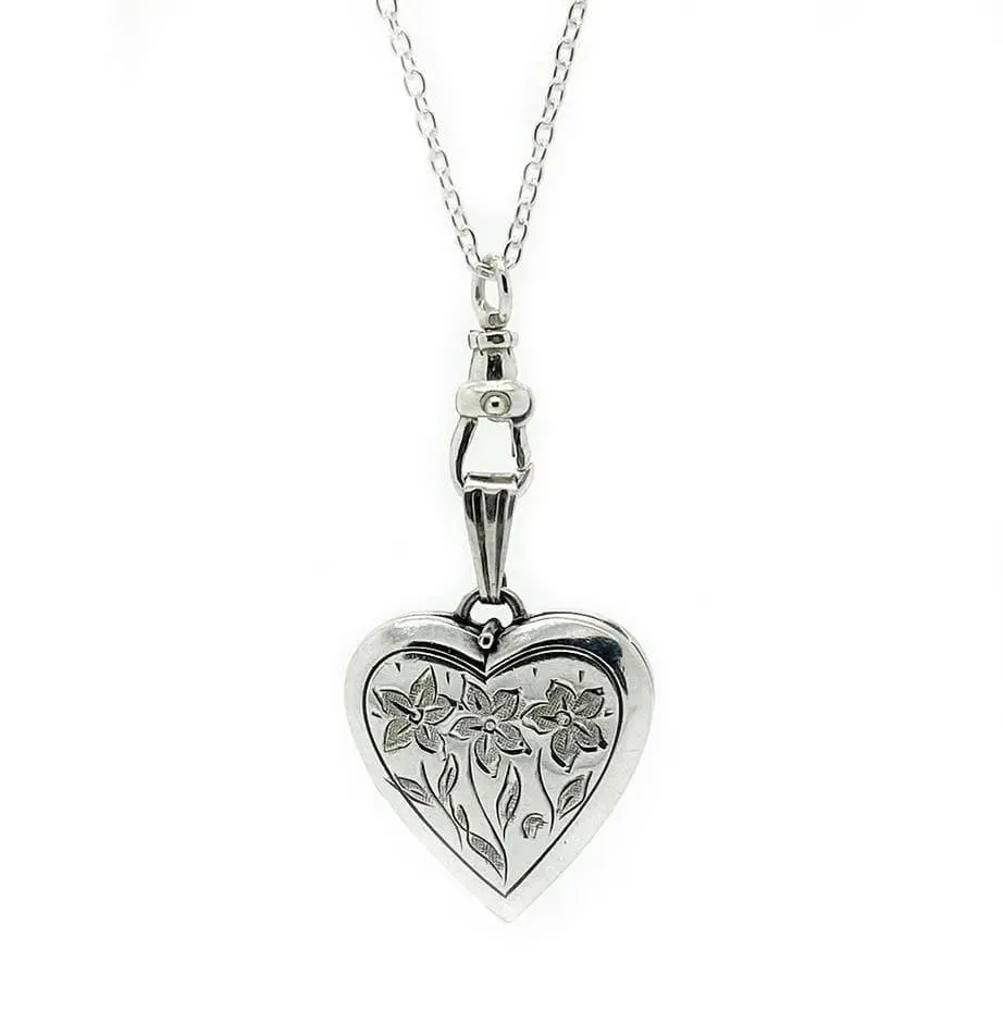 Vintage 1960s Heart Flower Silver Locket Necklace