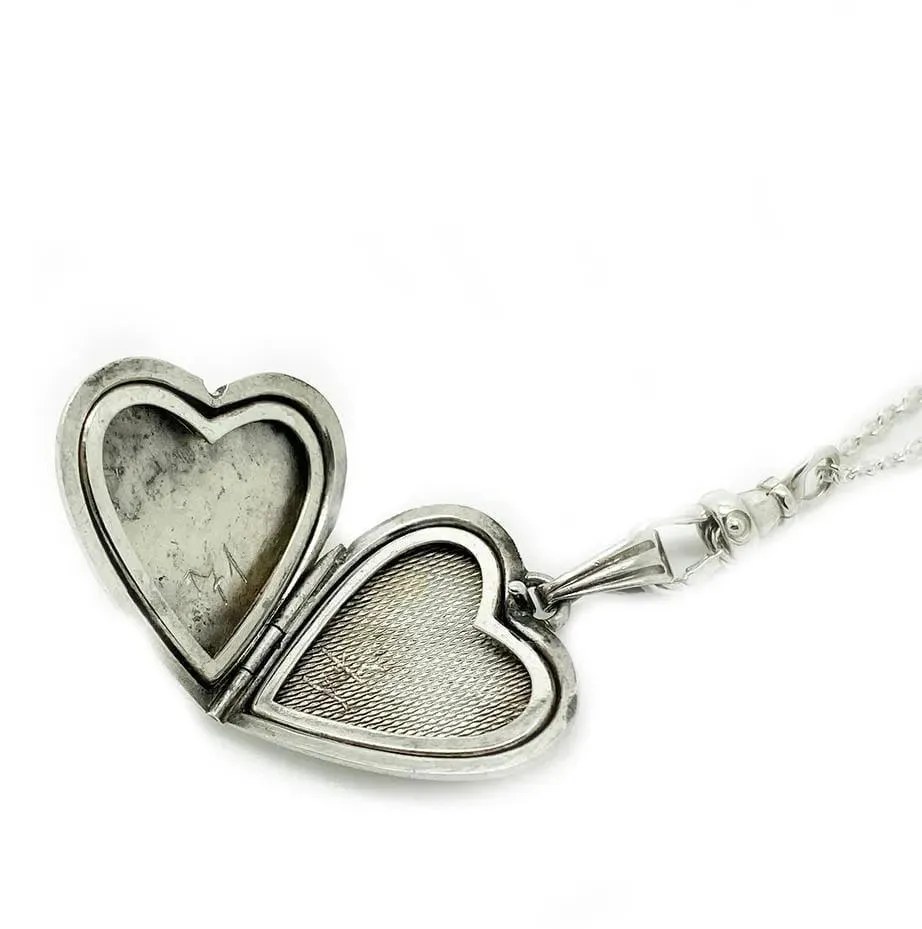 Vintage 1960s Heart Flower Silver Locket Necklace