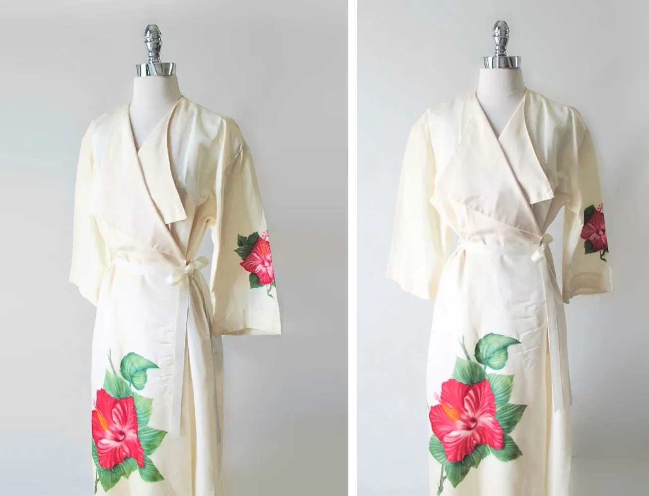 Vintage 40's 50's White Hand Painted Hawaiian Robe | Dressing Gown 38