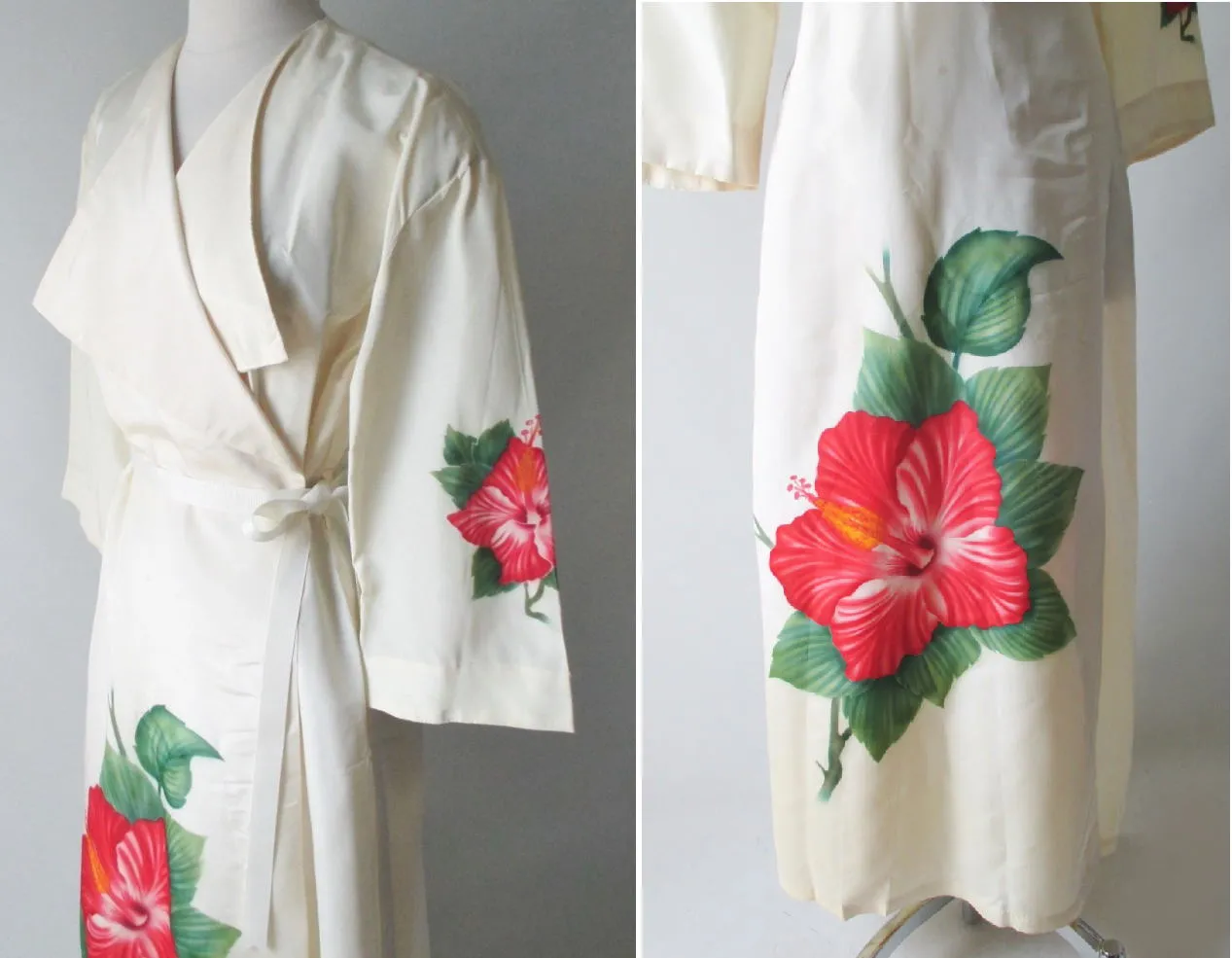 Vintage 40's 50's White Hand Painted Hawaiian Robe | Dressing Gown 38