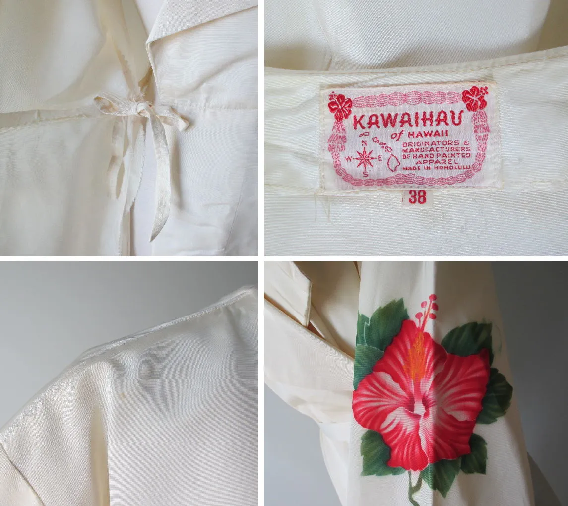 Vintage 40's 50's White Hand Painted Hawaiian Robe | Dressing Gown 38