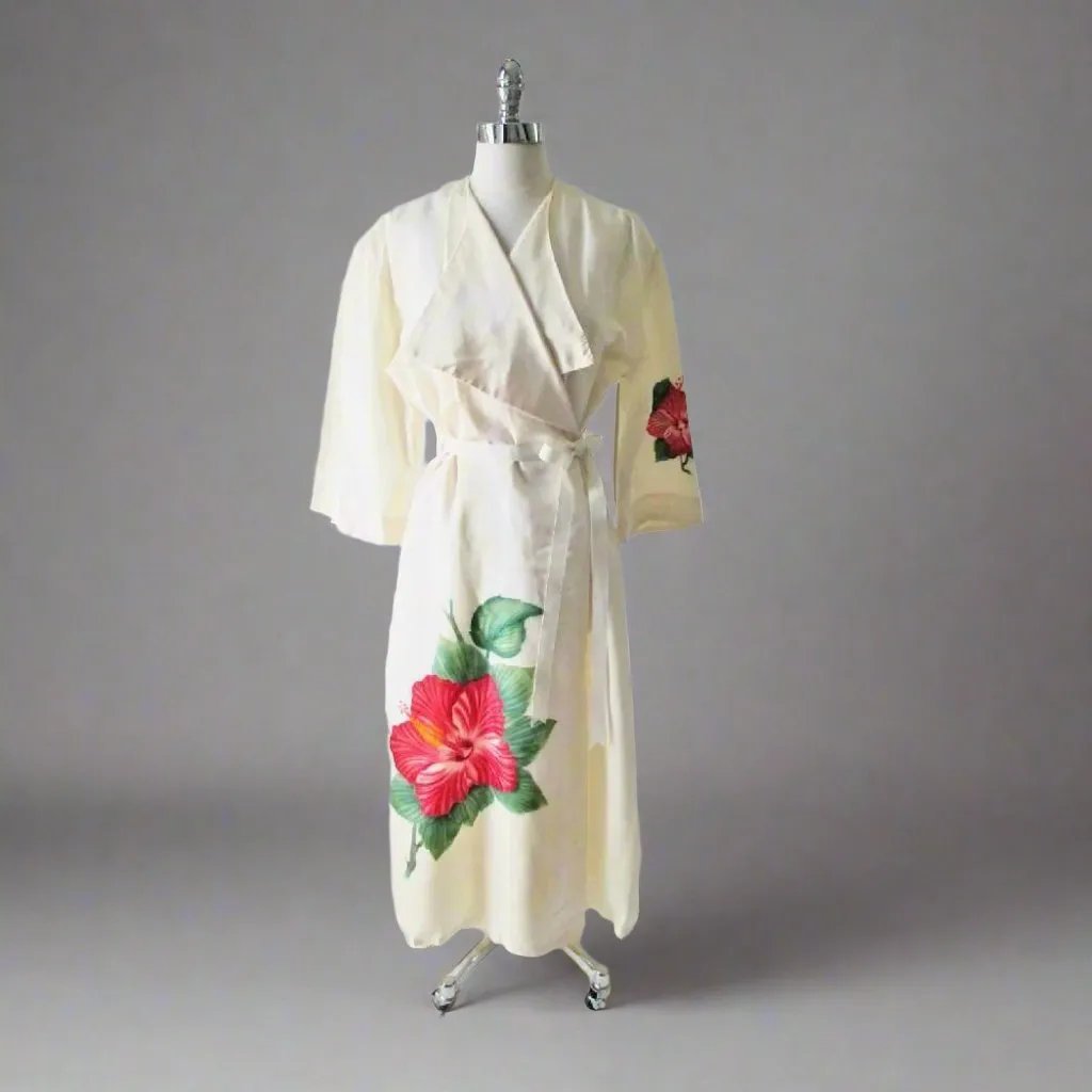 Vintage 40's 50's White Hand Painted Hawaiian Robe | Dressing Gown 38