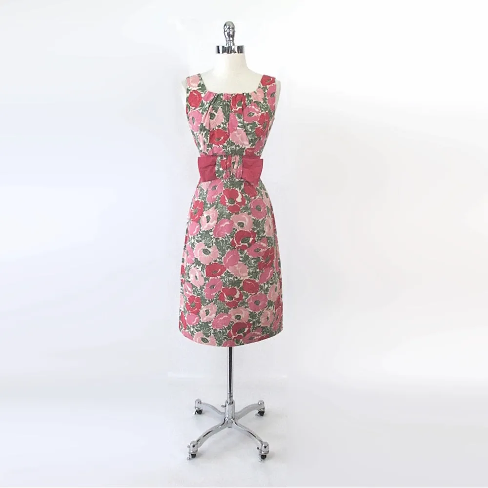 Vintage 60's 50s Pink Floral Big Bow Party Dress S