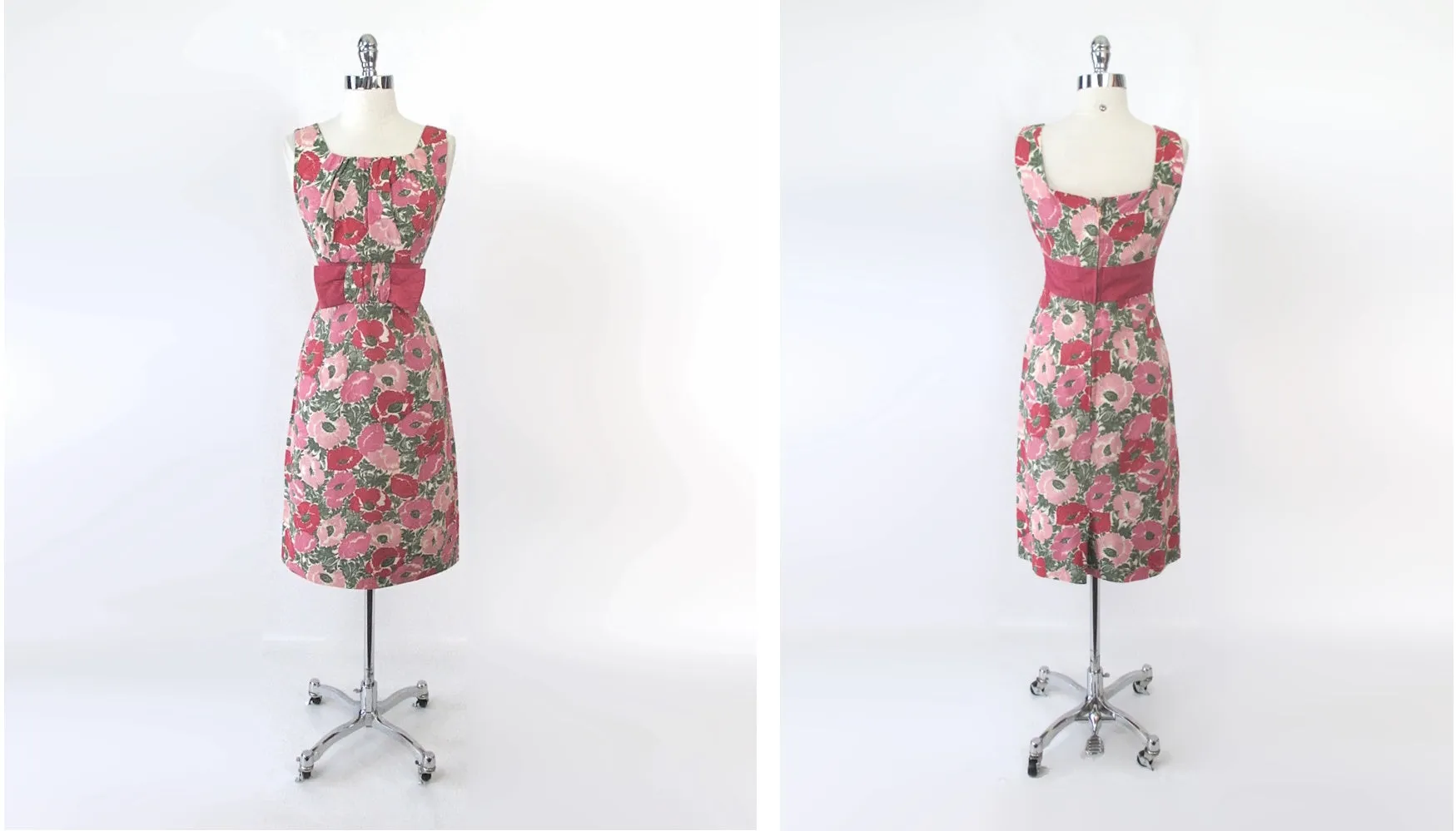 Vintage 60's 50s Pink Floral Big Bow Party Dress S