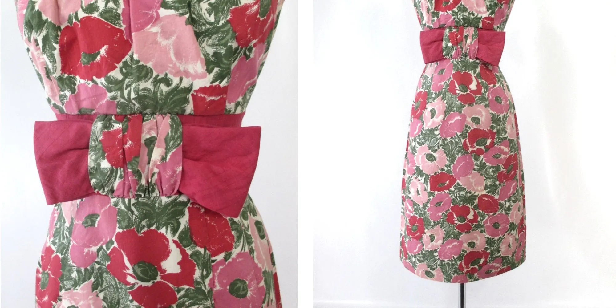 Vintage 60's 50s Pink Floral Big Bow Party Dress S