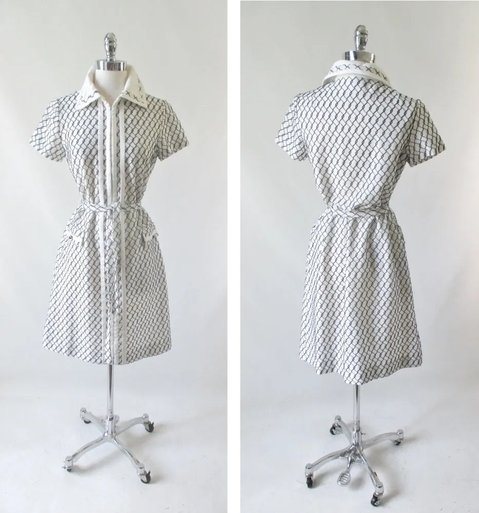Vintage 60's Black & White Belted Shift Dress M