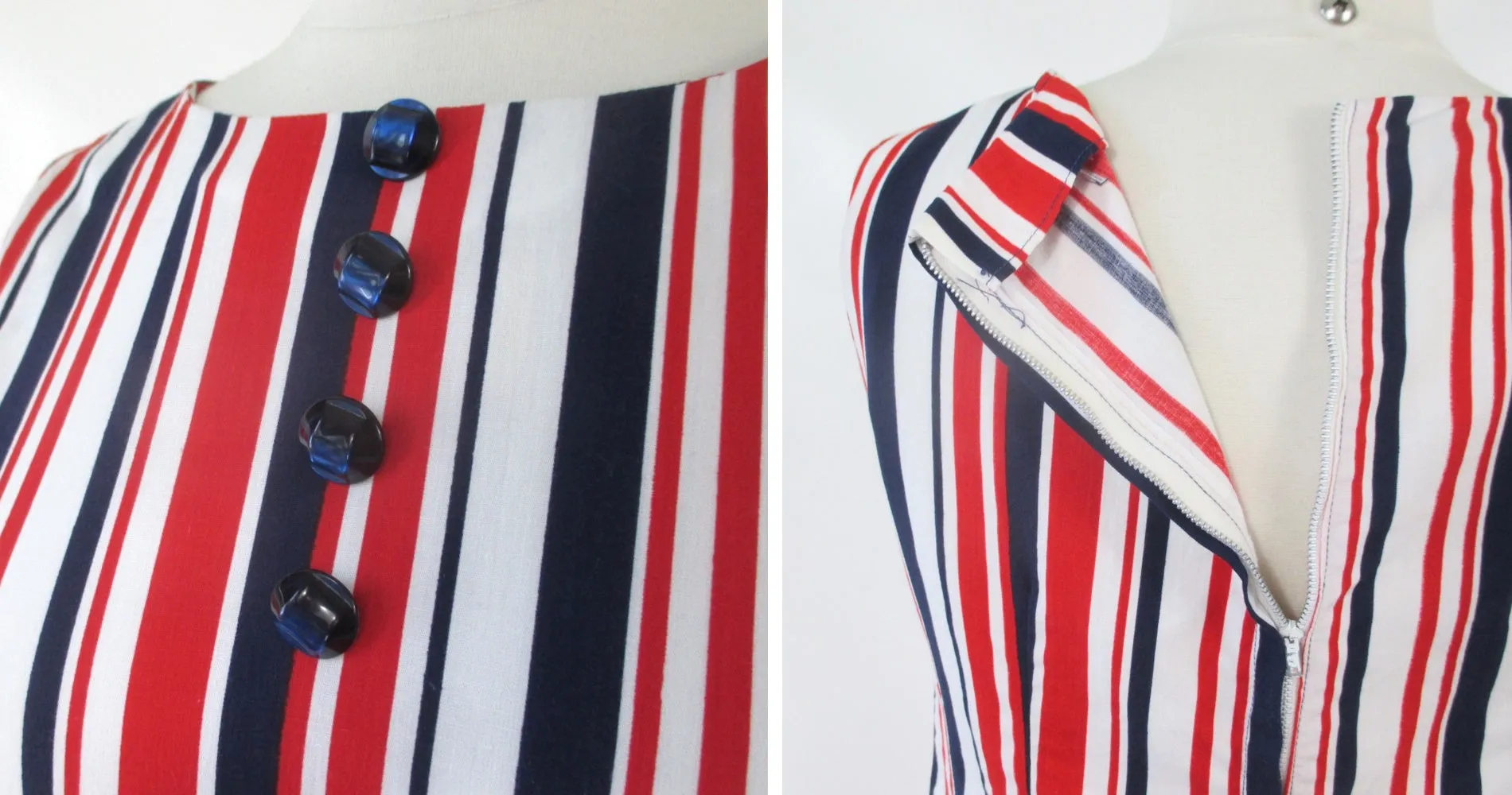 Vintage 60s Red White Blue Striped Shift Dress S