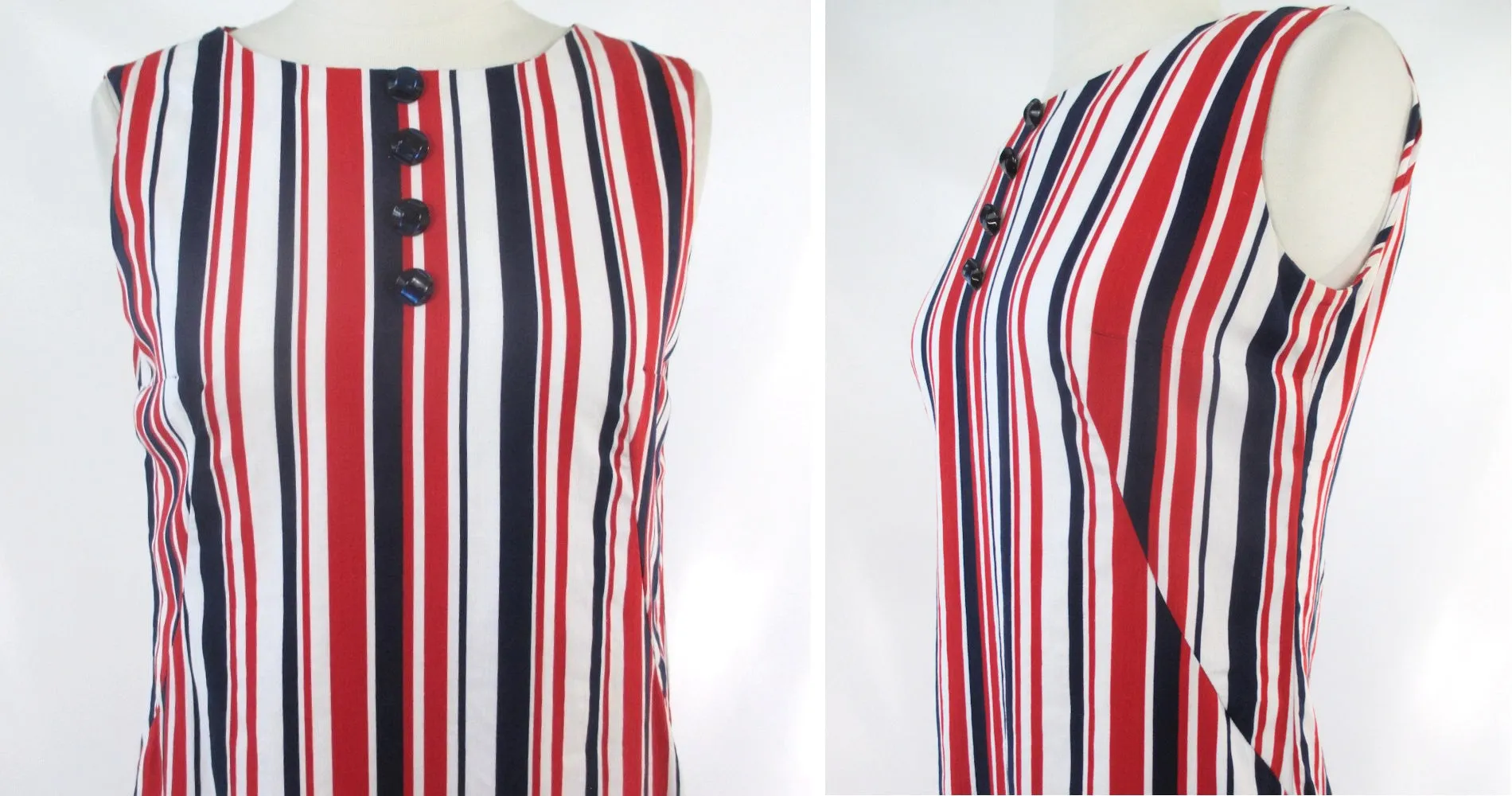 Vintage 60s Red White Blue Striped Shift Dress S